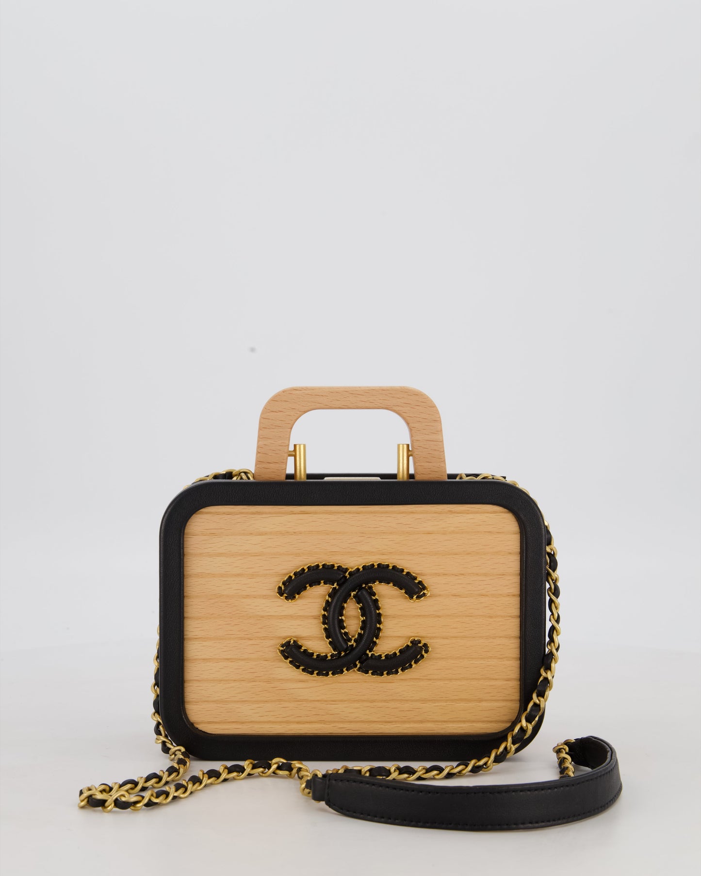 Chanel Brown Wooden Vanity Case Bag with Black CC Leather Chain Logo