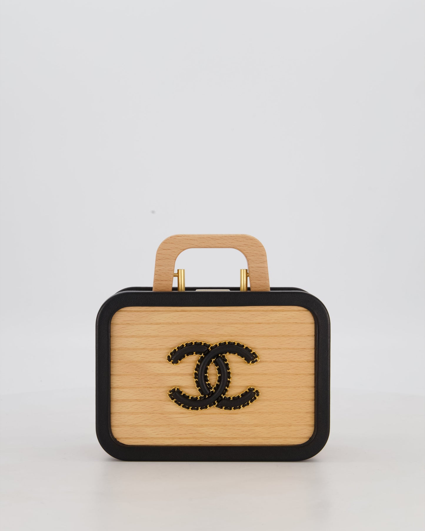 Chanel Brown Wooden Vanity Case Bag with Black CC Leather Chain Logo