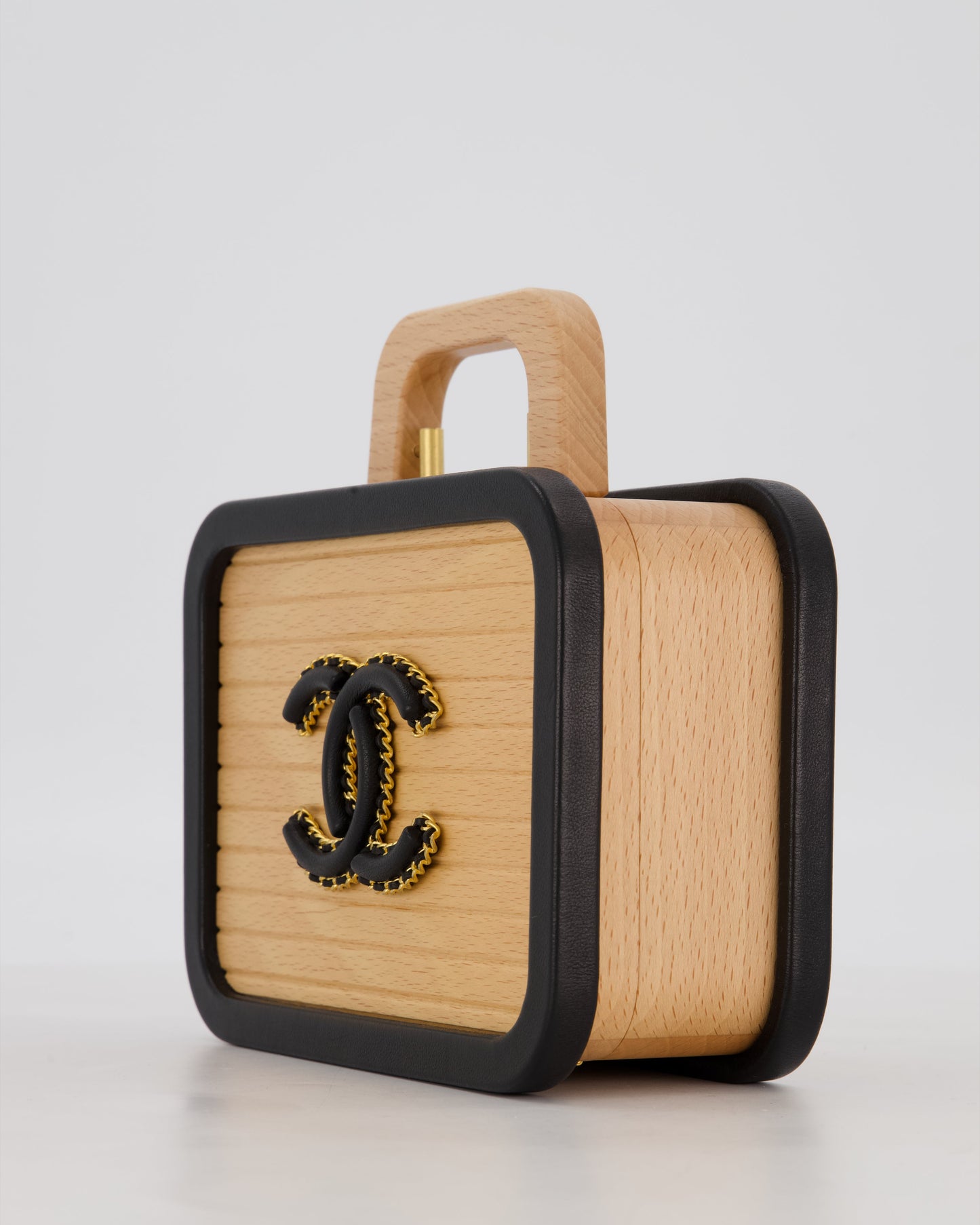 Chanel Brown Wooden Vanity Case Bag with Black CC Leather Chain Logo