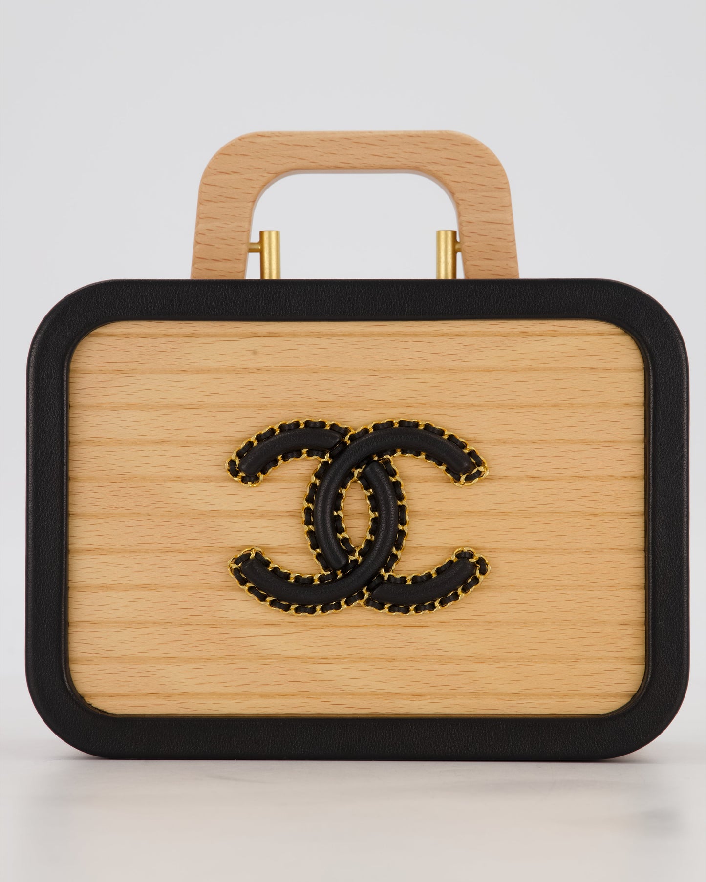 Chanel Brown Wooden Vanity Case Bag with Black CC Leather Chain Logo