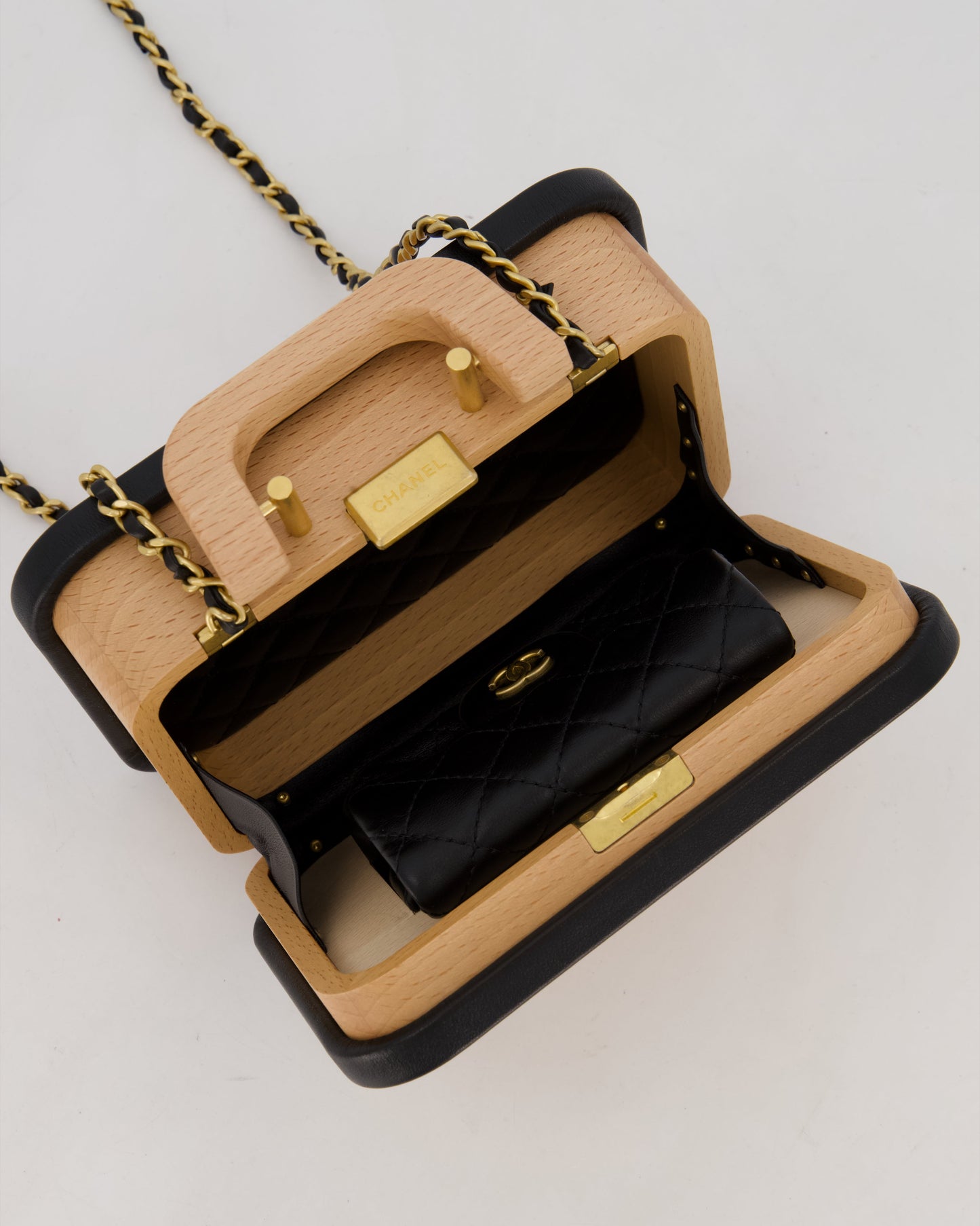 Chanel Brown Wooden Vanity Case Bag with Black CC Leather Chain Logo