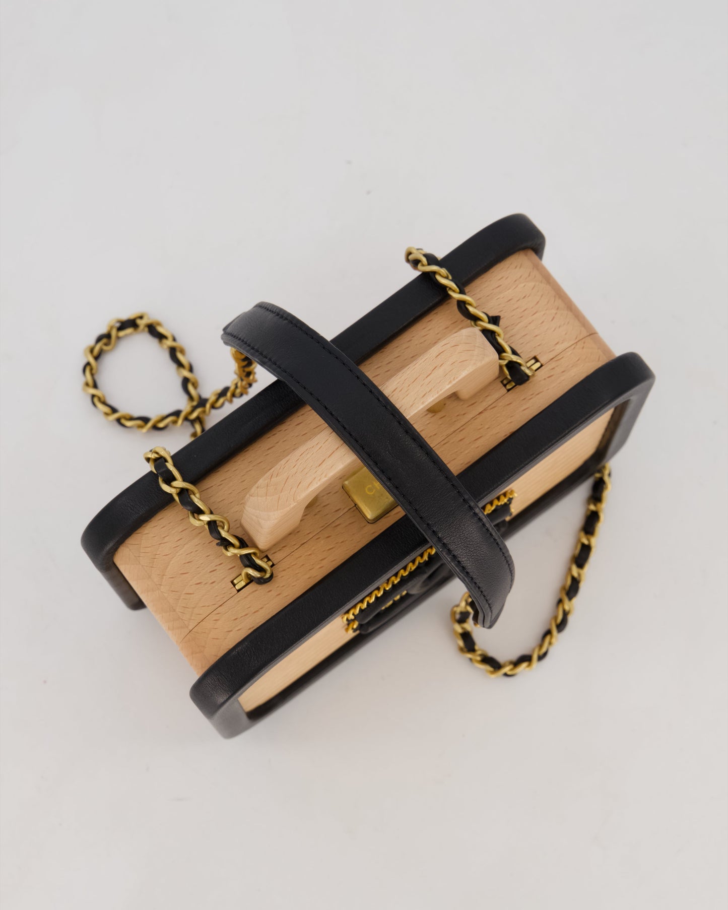 Chanel Brown Wooden Vanity Case Bag with Black CC Leather Chain Logo