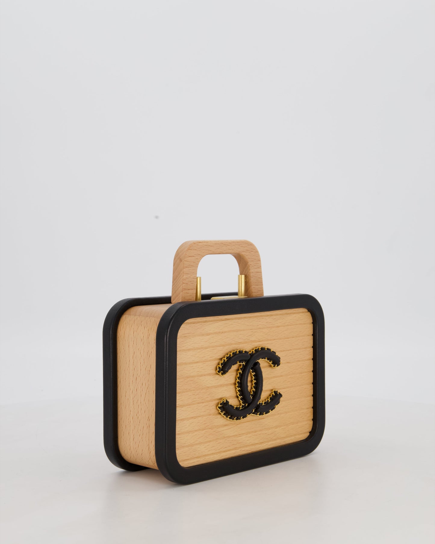 Chanel Brown Wooden Vanity Case Bag with Black CC Leather Chain Logo