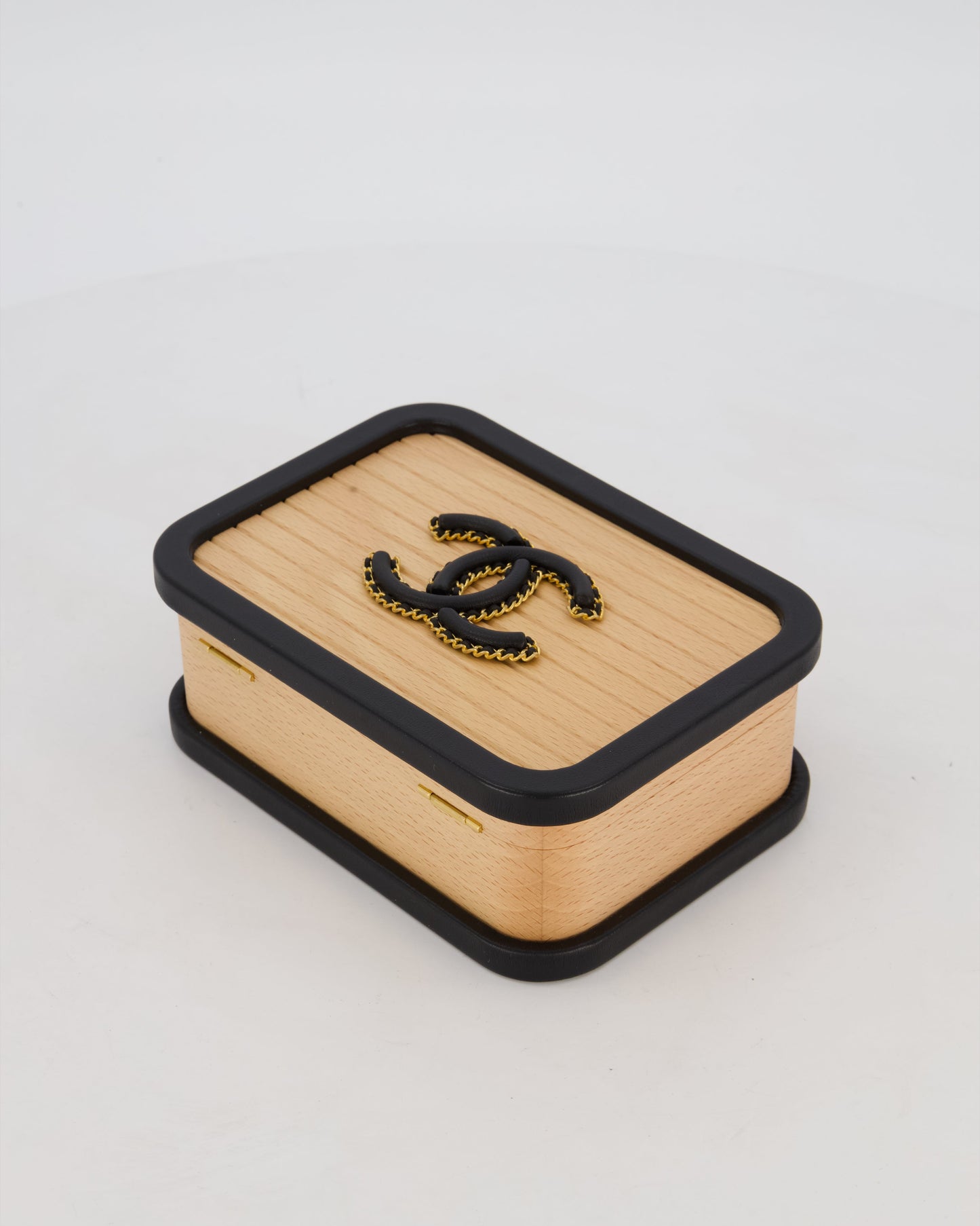 Chanel Brown Wooden Vanity Case Bag with Black CC Leather Chain Logo