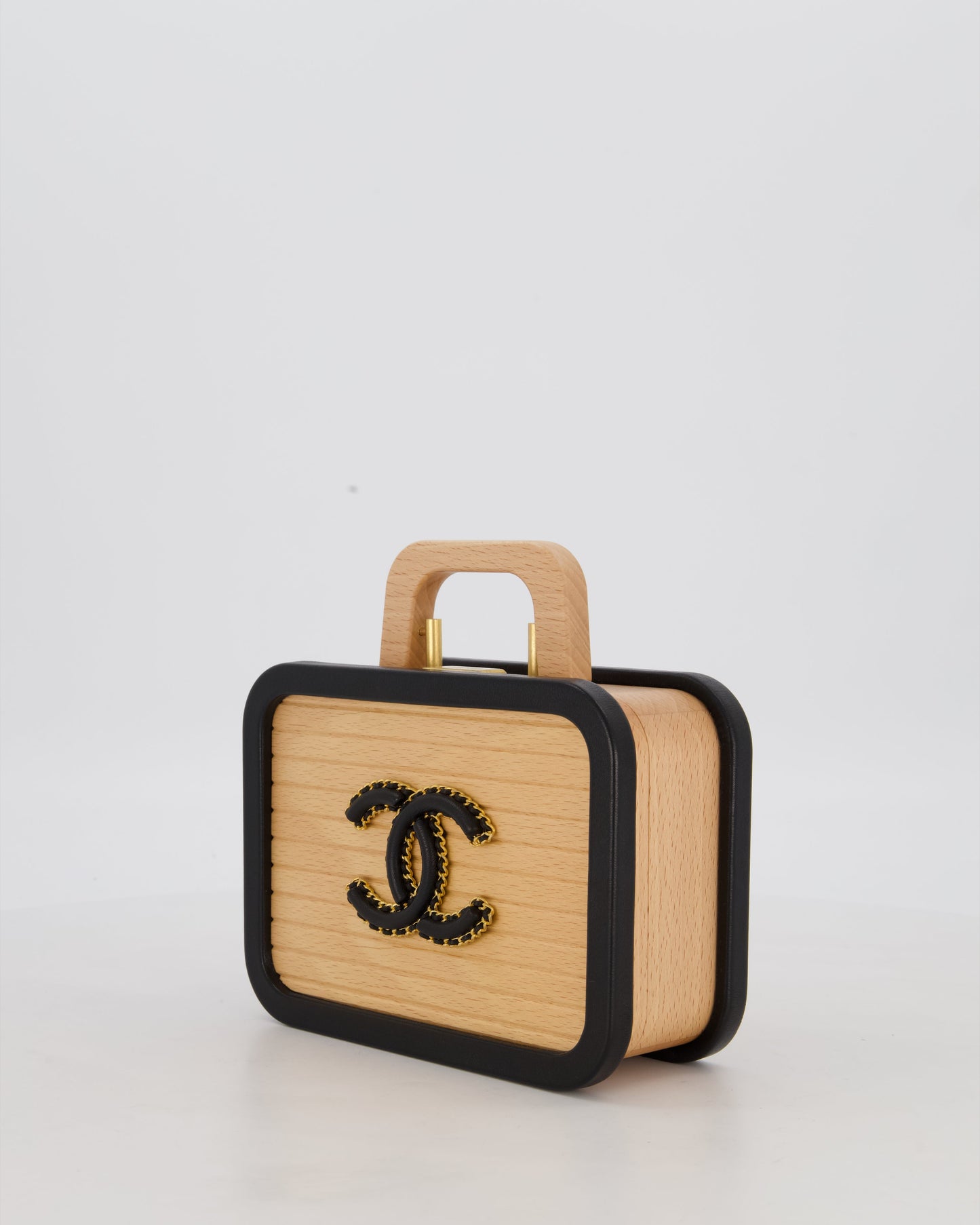 Chanel Brown Wooden Vanity Case Bag with Black CC Leather Chain Logo
