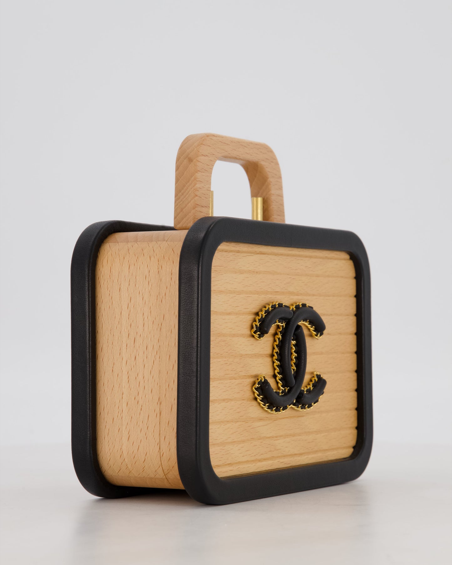 Chanel Brown Wooden Vanity Case Bag with Black CC Leather Chain Logo