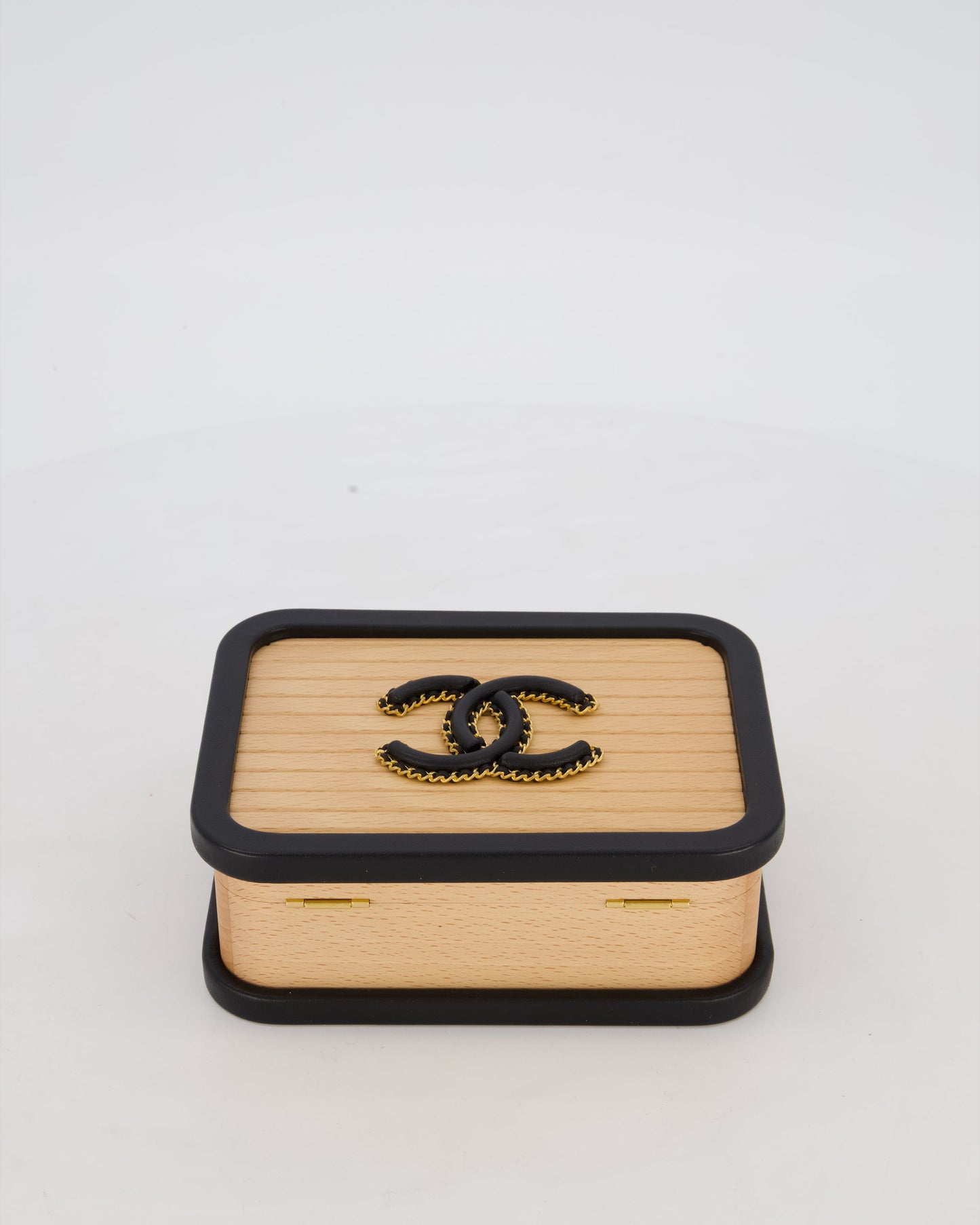 Chanel Brown Wooden Vanity Case Bag with Black CC Leather Chain Logo