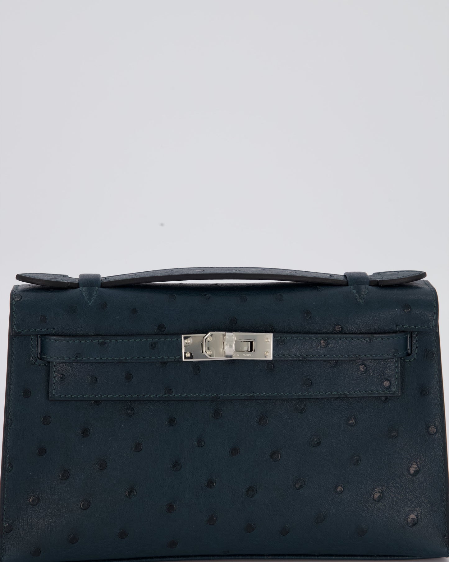 *SUPER RARE* Hermès Mini Kelly Pochette Bag in Vert Cypres Ostrich Leather with Palladium Hardware