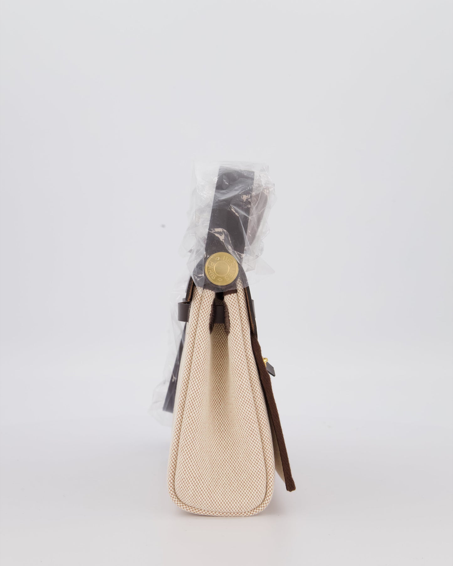 *HOT & RARE* Hermès Mini Herbag Zip 20 Bag in Ebene Vache Hunter Leather & Ecru/Beige Viking Canvas with Gold Hardware