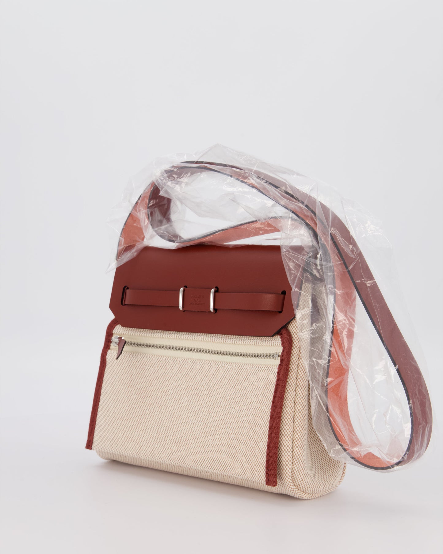 *HOT & RARE* Hermès Mini Herbag Zip 20 Bag in Rouge H Vache Hunter Leather & Ecru/Beige Viking Canvas with Palladium Hardware