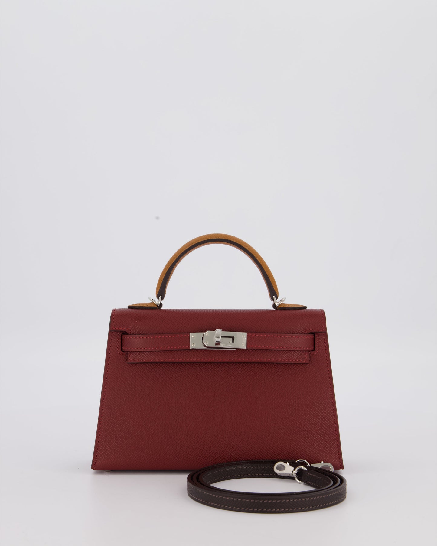 *SUPER RARE* Hermès Mini Kelly II Tricolour 20 Bag In Rouge H, Gold, and Bai Brun Epsom Leather with Palladium Hardware