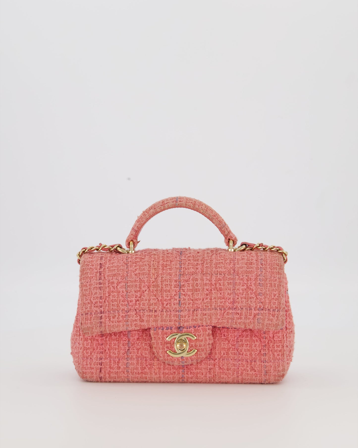 Chanel Top Handle Rectangular Bag in Pink Quilted Tweed with Champagne Gold Hardware