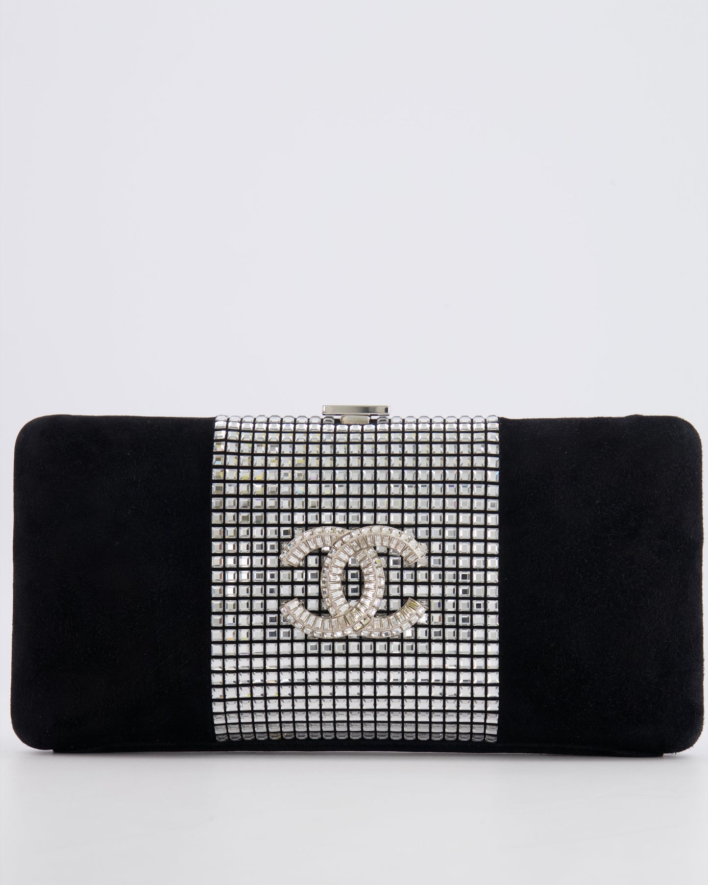 Chanel 2015 Paris-Dubai Black Suede Strass Crystal Clutch Bag with Crystal Embellished CC Logo