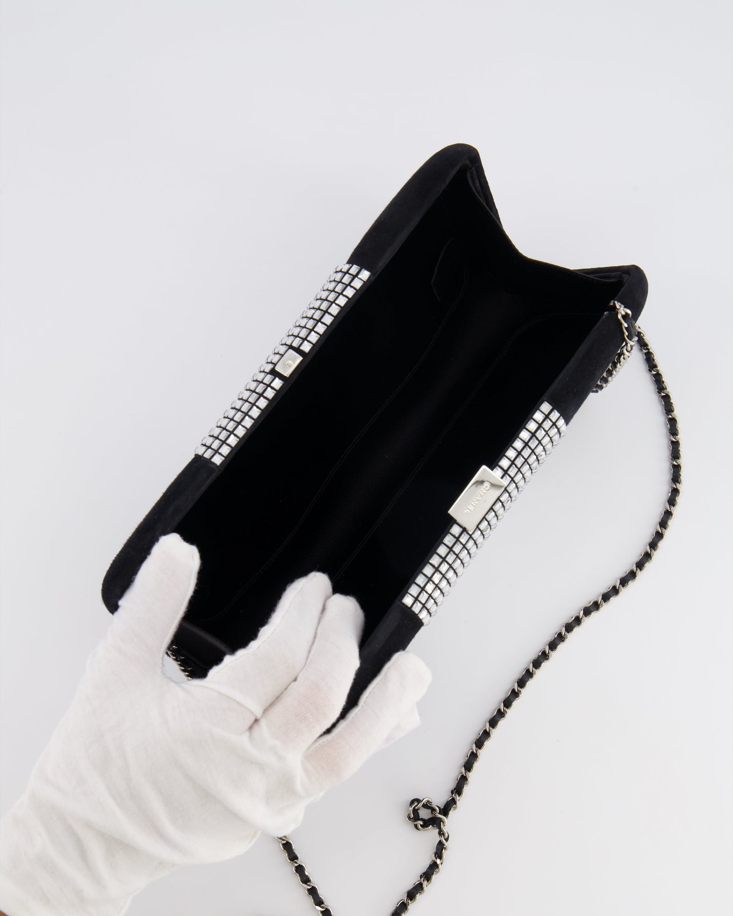 Chanel 2015 Paris-Dubai Black Suede Strass Crystal Clutch Bag with Crystal Embellished CC Logo