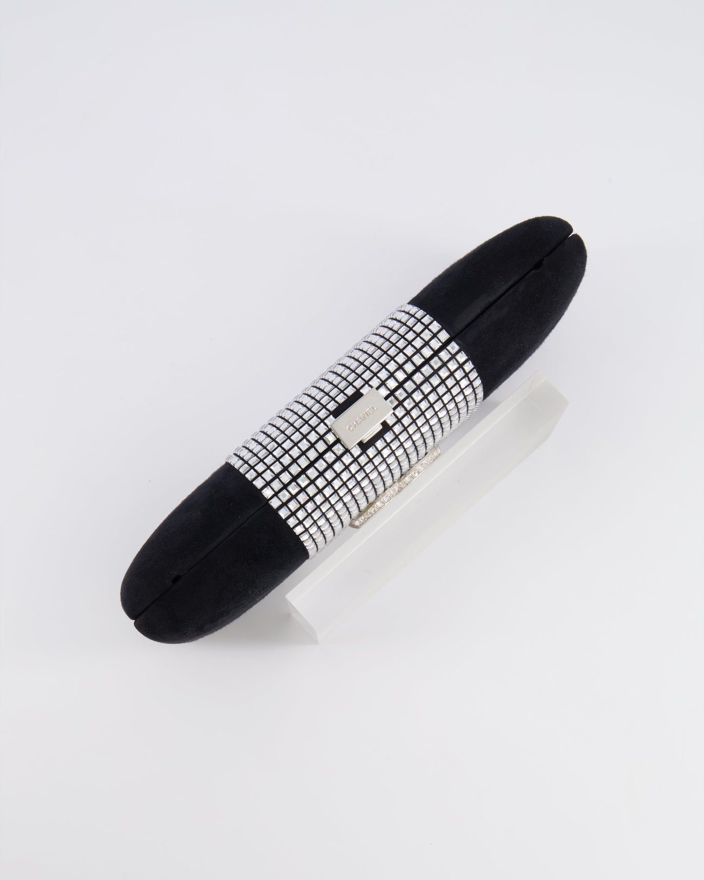 Chanel 2015 Paris-Dubai Black Suede Strass Crystal Clutch Bag with Crystal Embellished CC Logo
