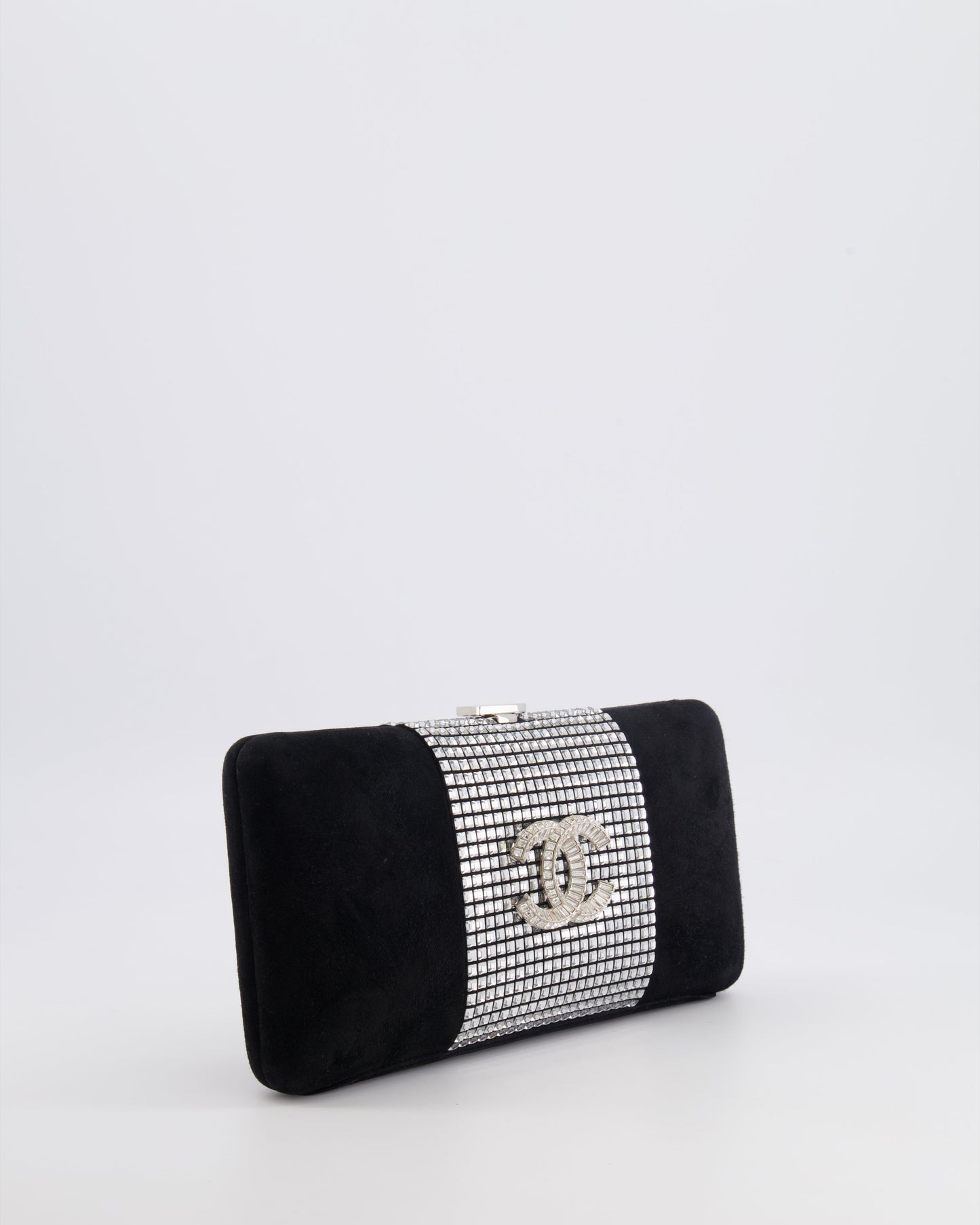 Chanel 2015 Paris-Dubai Black Suede Strass Crystal Clutch Bag with Crystal Embellished CC Logo