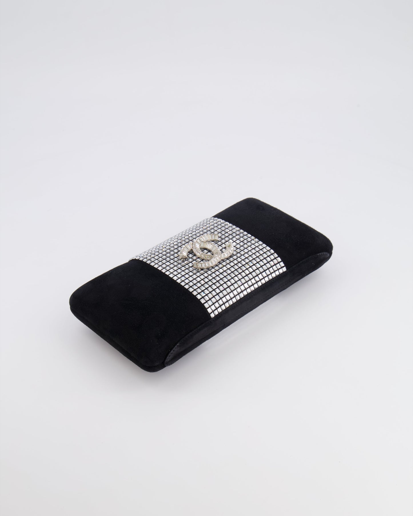 Chanel 2015 Paris-Dubai Black Suede Strass Crystal Clutch Bag with Crystal Embellished CC Logo