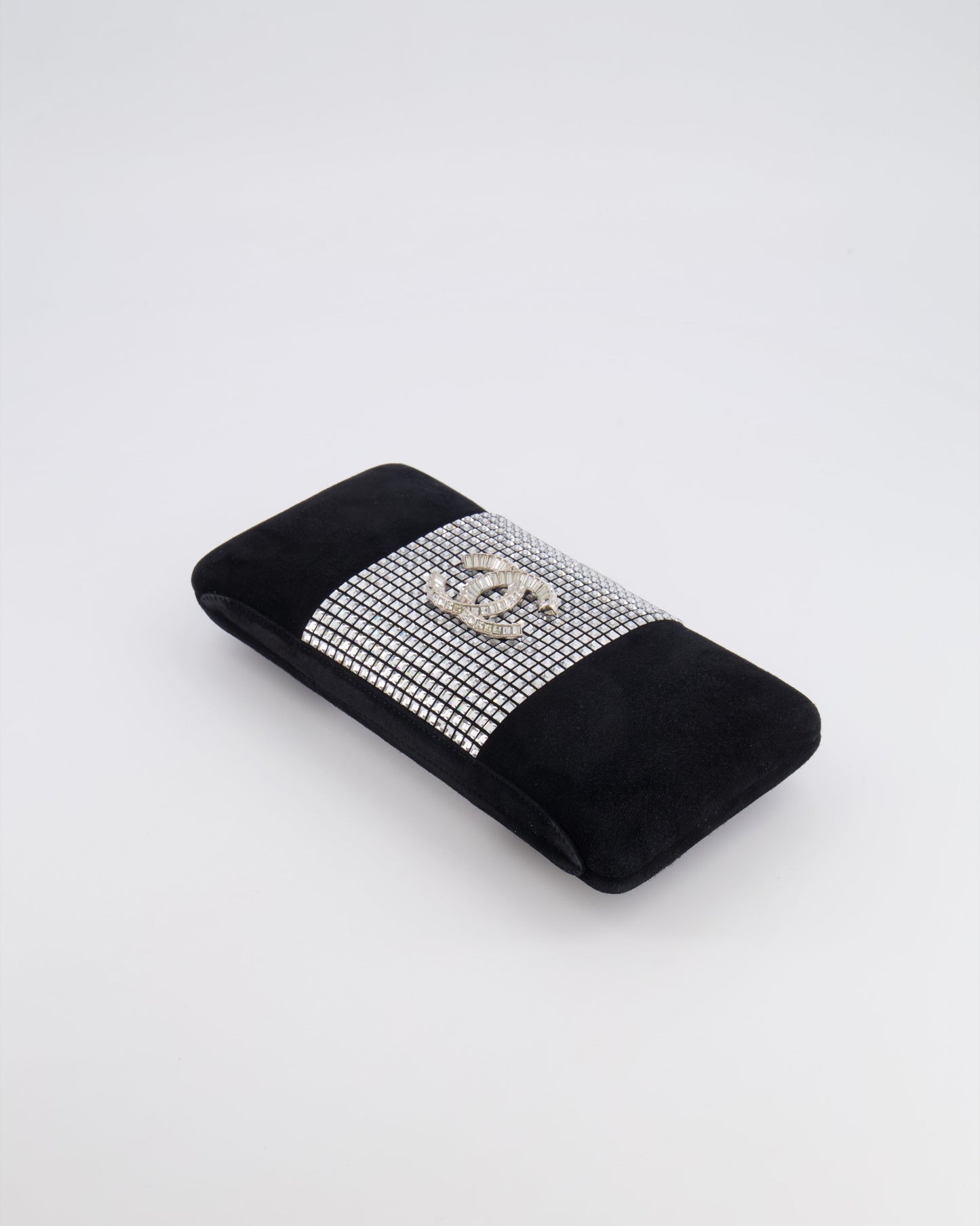 Chanel 2015 Paris-Dubai Black Suede Strass Crystal Clutch Bag with Crystal Embellished CC Logo