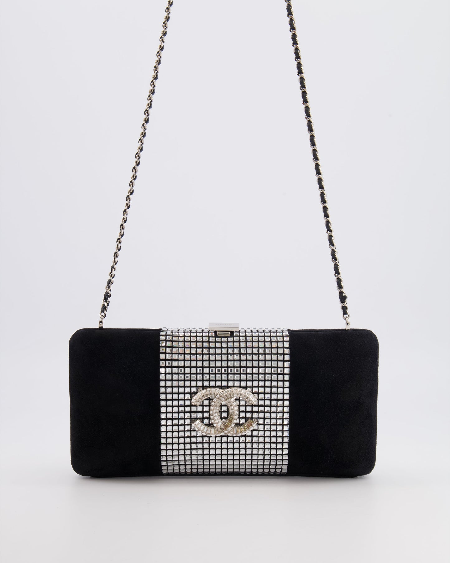 Chanel 2015 Paris-Dubai Black Suede Strass Crystal Clutch Bag with Crystal Embellished CC Logo