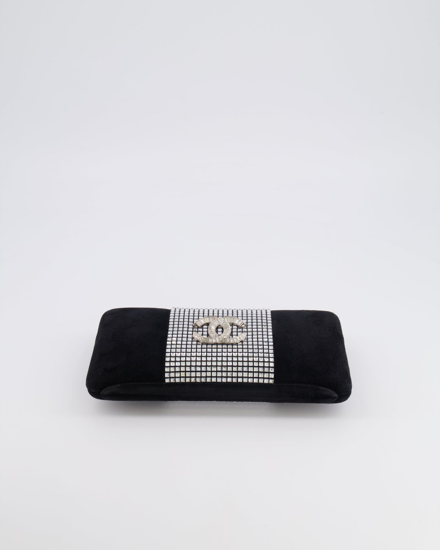 Chanel 2015 Paris-Dubai Black Suede Strass Crystal Clutch Bag with Crystal Embellished CC Logo