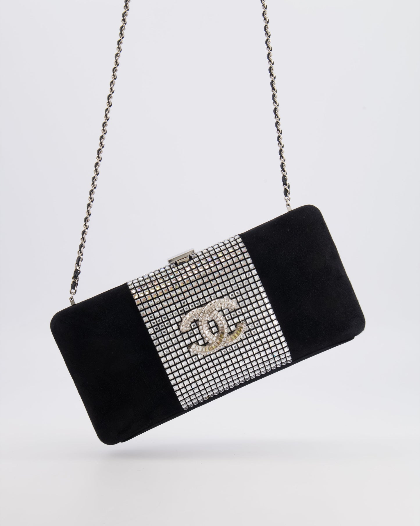 Chanel 2015 Paris-Dubai Black Suede Strass Crystal Clutch Bag with Crystal Embellished CC Logo