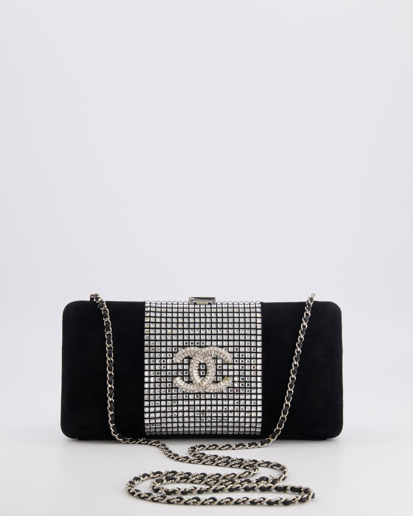 Chanel 2015 Paris-Dubai Black Suede Strass Crystal Clutch Bag with Crystal Embellished CC Logo