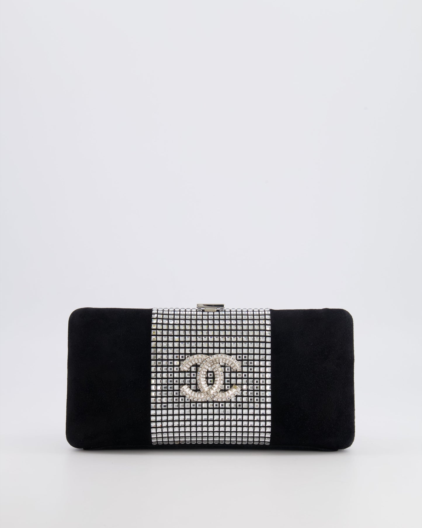 Chanel 2015 Paris-Dubai Black Suede Strass Crystal Clutch Bag with Crystal Embellished CC Logo