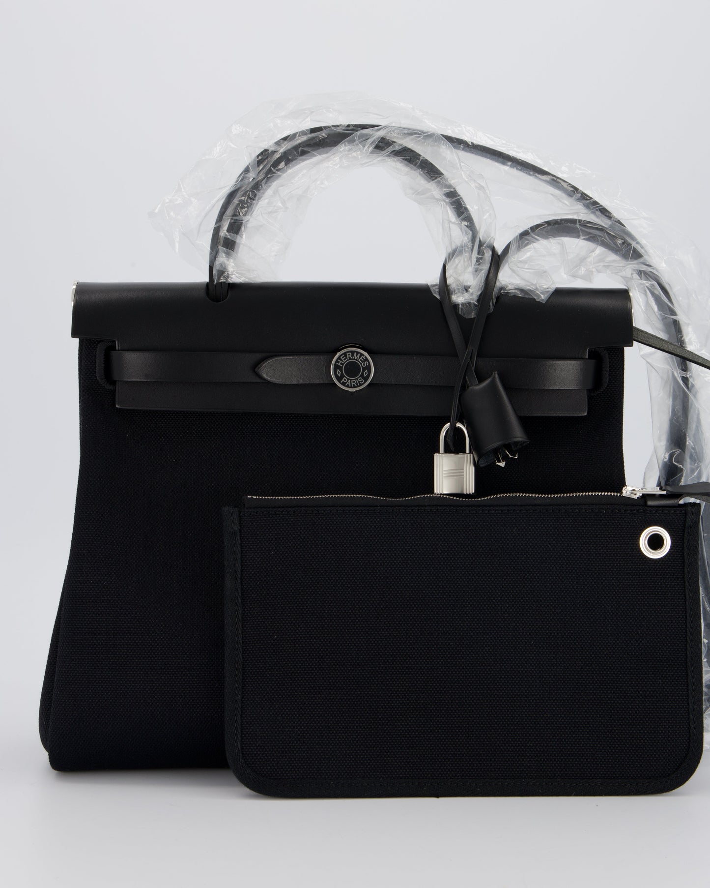 *HOT & RARE* Hermès Herbag 31 Laque Zip Bag in Noir Toile Militaire Canvas, Noir Vache Hunter Leather with Palladium & Noir Hardware