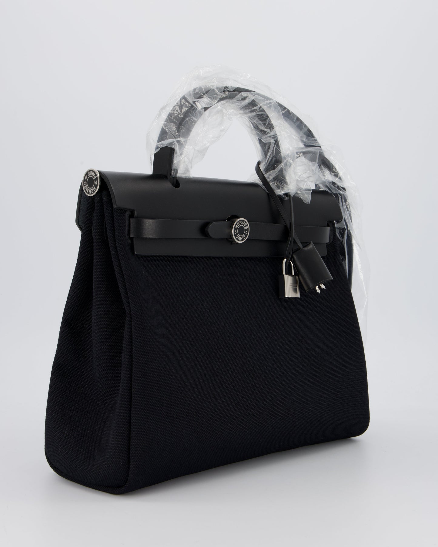 *HOT & RARE* Hermès Herbag 31 Laque Zip Bag in Noir Toile Militaire Canvas, Noir Vache Hunter Leather with Palladium & Noir Hardware
