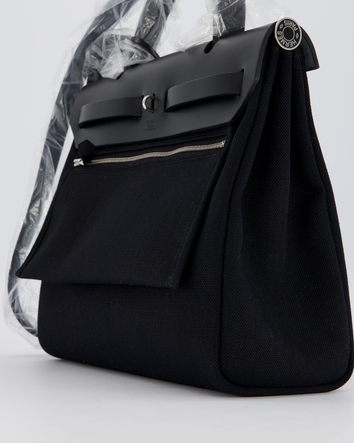 *HOT & RARE* Hermès Herbag 31 Laque Zip Bag in Noir Toile Militaire Canvas, Noir Vache Hunter Leather with Palladium & Noir Hardware