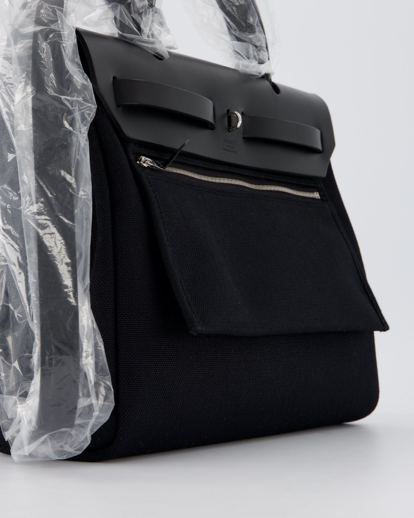 *HOT & RARE* Hermès Herbag 31 Laque Zip Bag in Noir Toile Militaire Canvas, Noir Vache Hunter Leather with Palladium & Noir Hardware
