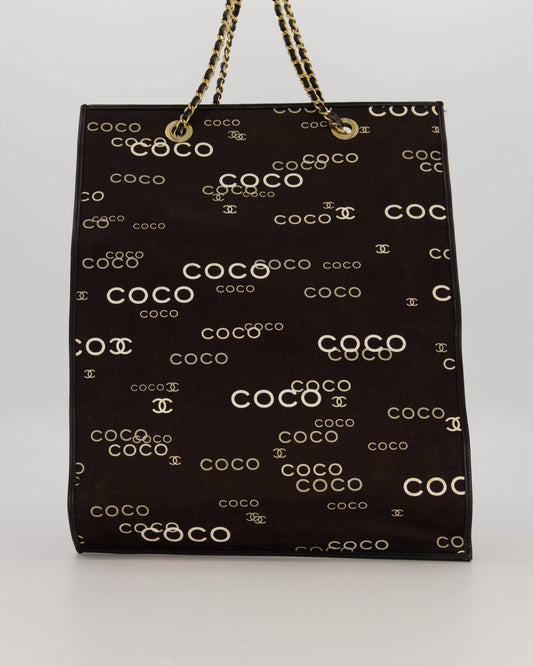 Chanel Black Canvas Coco Tote Bag with Monogram Details and Gold Hardware