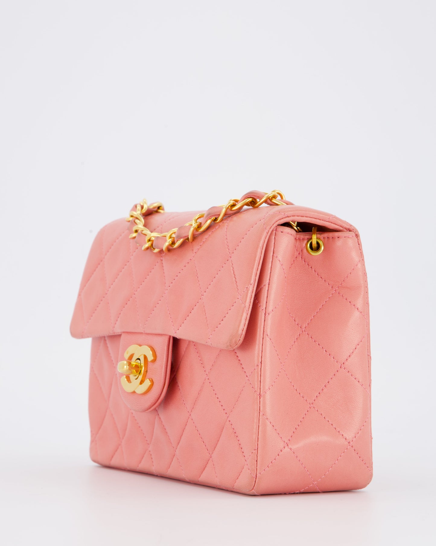 Chanel Pink Mini Square Single Flap Bag In Lambskin Leather With 24K Gold Hardware