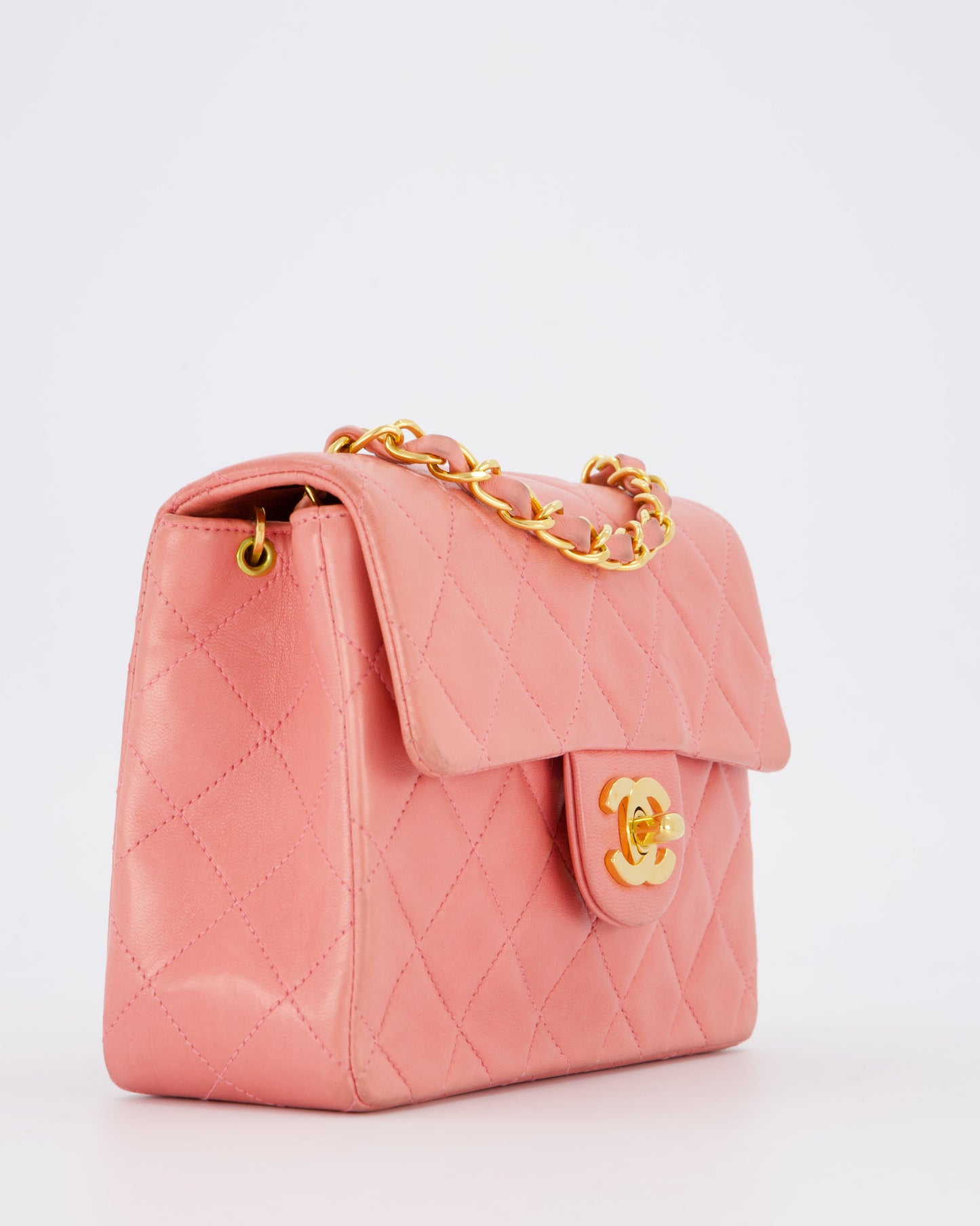 Chanel Pink Mini Square Single Flap Bag In Lambskin Leather With 24K Gold Hardware