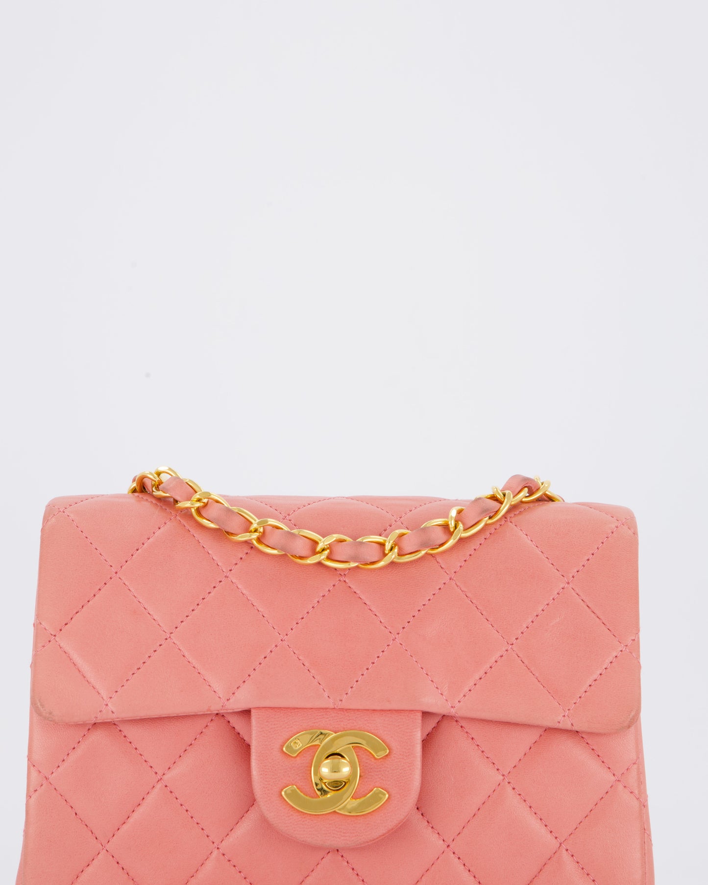 Chanel Pink Mini Square Single Flap Bag In Lambskin Leather With 24K Gold Hardware