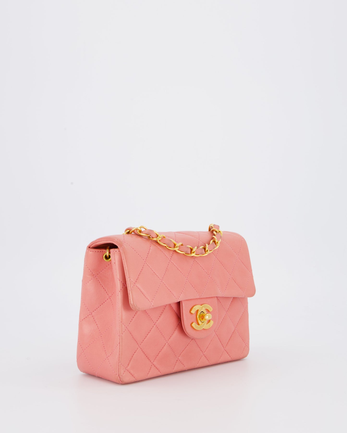 Chanel Pink Mini Square Single Flap Bag In Lambskin Leather With 24K Gold Hardware