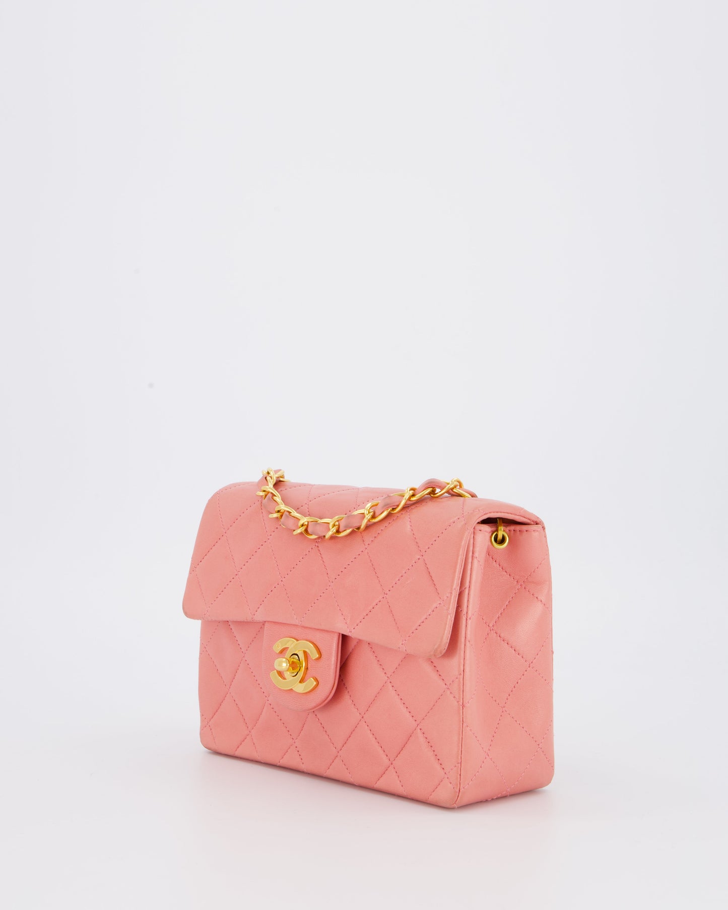 Chanel Pink Mini Square Single Flap Bag In Lambskin Leather With 24K Gold Hardware