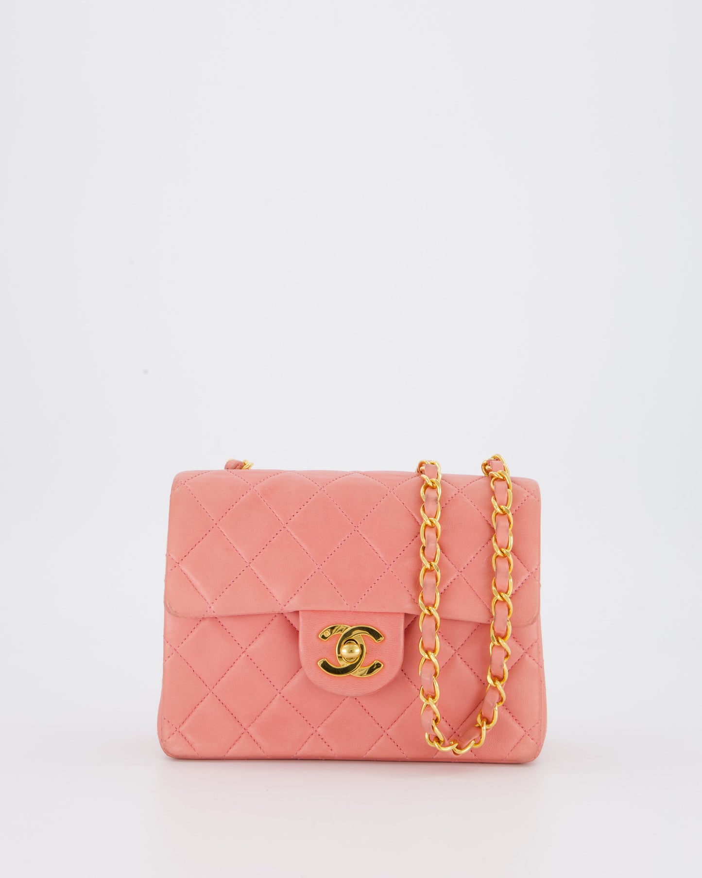 Chanel Pink Mini Square Single Flap Bag In Lambskin Leather With 24K Gold Hardware