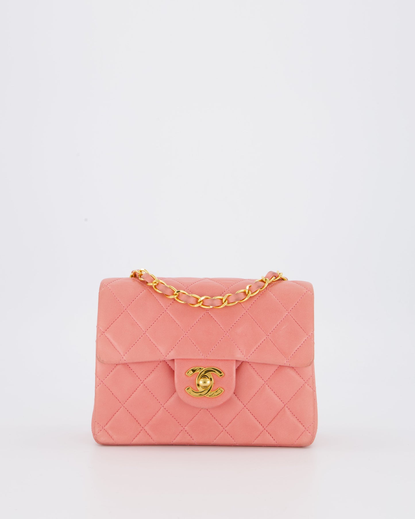 Chanel Pink Mini Square Single Flap Bag In Lambskin Leather With 24K Gold Hardware