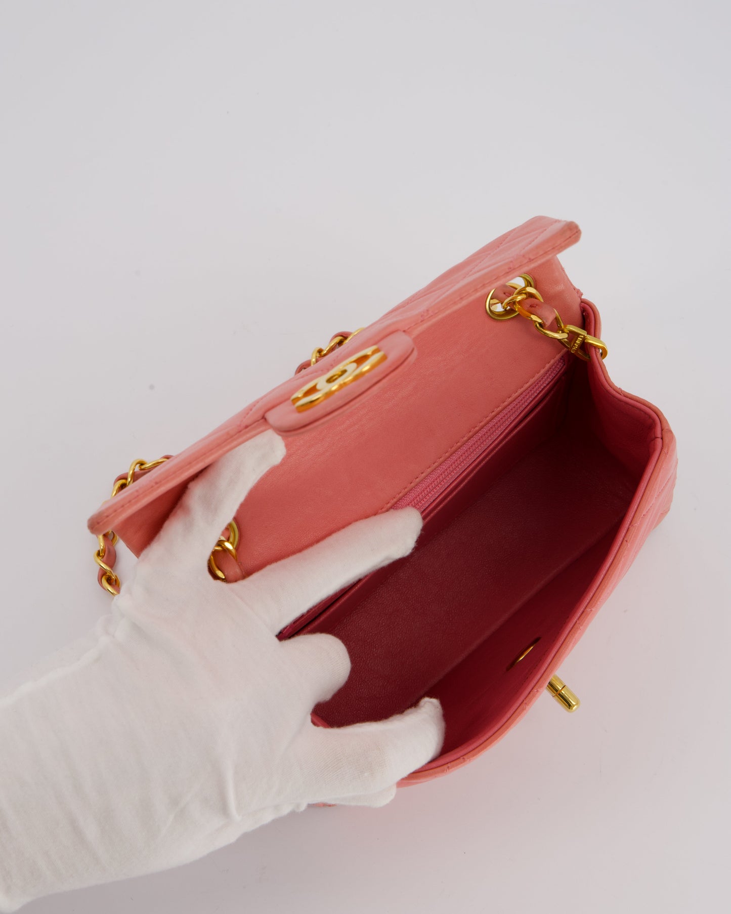 Chanel Pink Mini Square Single Flap Bag In Lambskin Leather With 24K Gold Hardware
