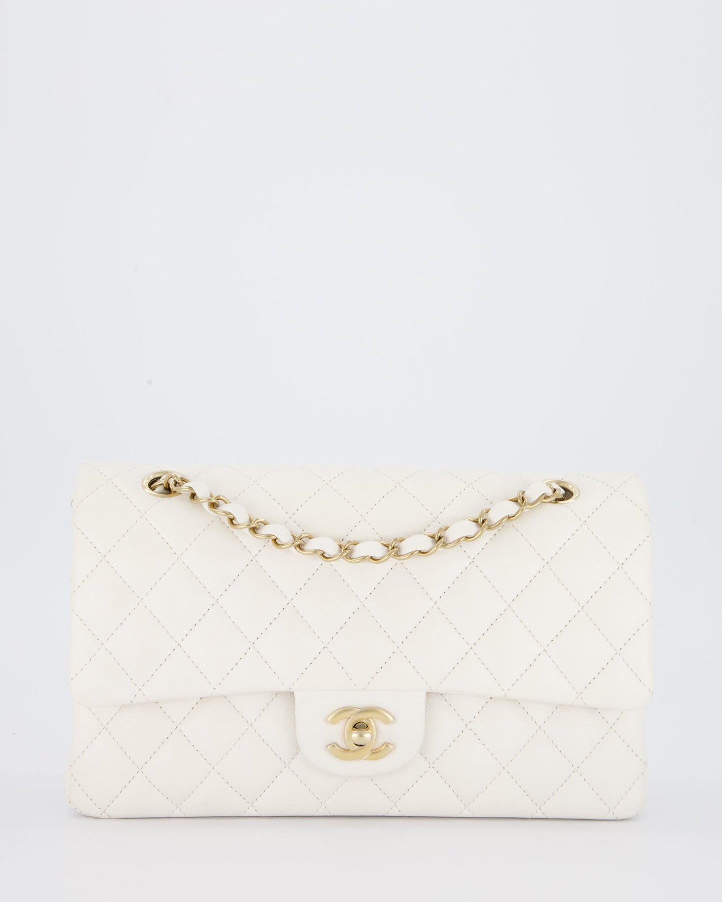 Chanel White Medium Classic Double Flap Bag in Caviar Leather with Champagne Gold Hardware