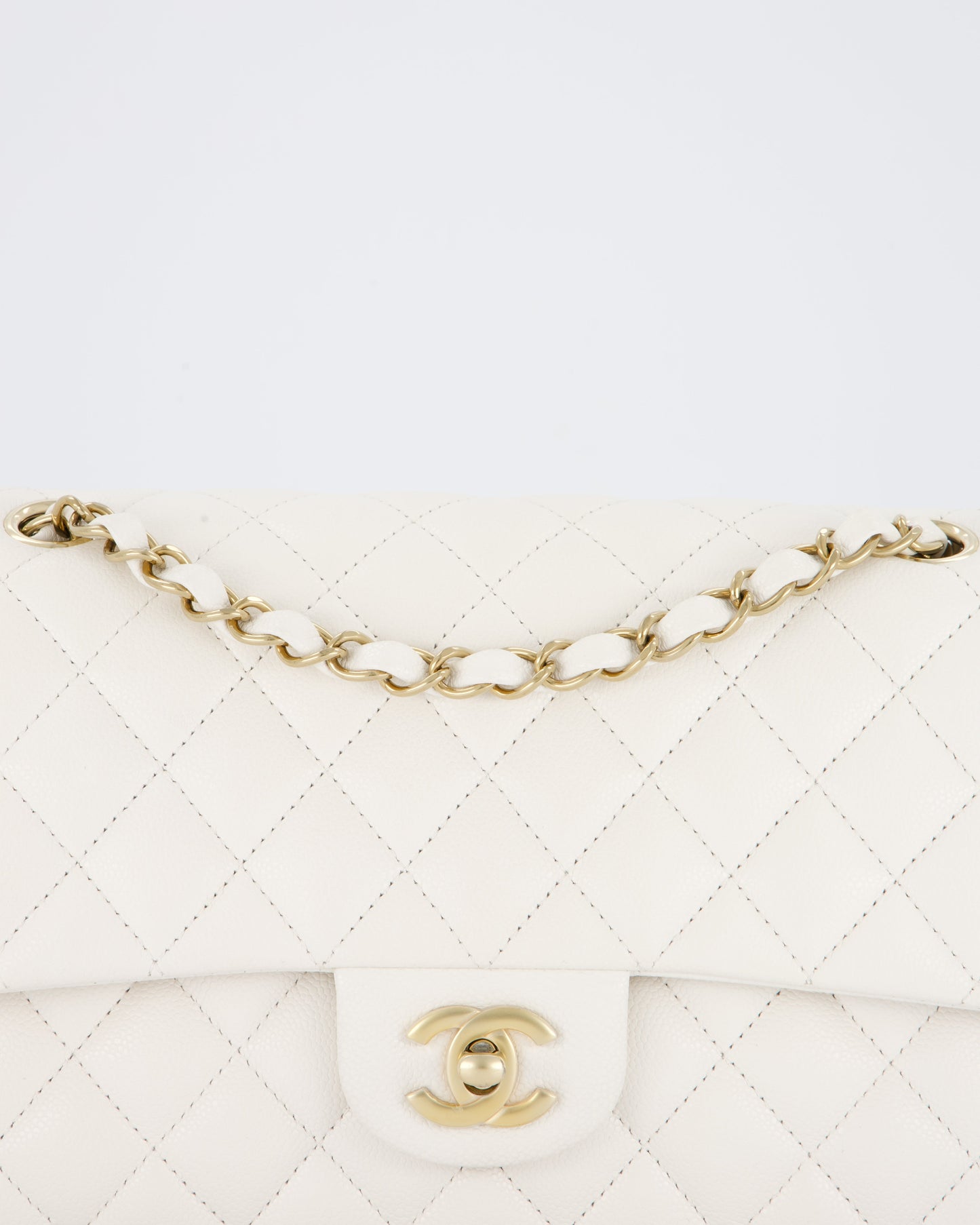Chanel White Medium Classic Double Flap Bag in Caviar Leather with Champagne Gold Hardware