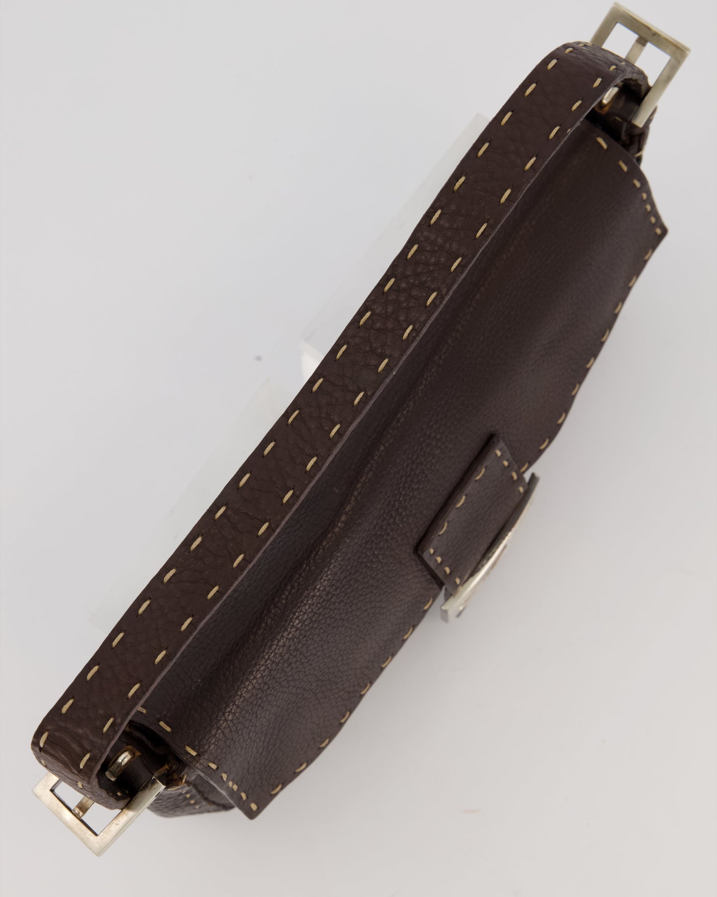 Fendi Selleria Brown Stitched Edge Baguette Bag in Cuoio Romano Leather with Silver Hardware