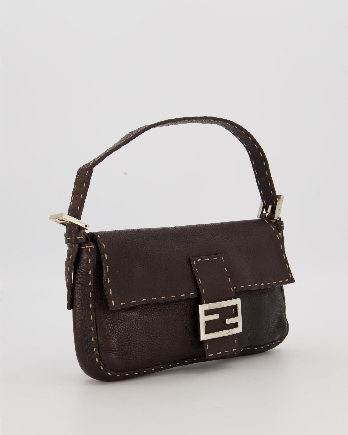 Fendi Selleria Brown Stitched Edge Baguette Bag in Cuoio Romano Leather with Silver Hardware