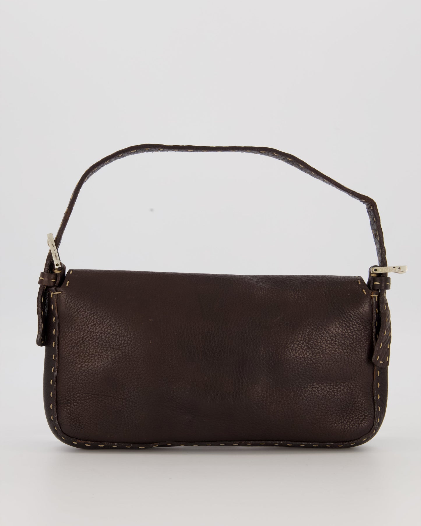 Fendi Selleria Brown Stitched Edge Baguette Bag in Cuoio Romano Leather with Silver Hardware