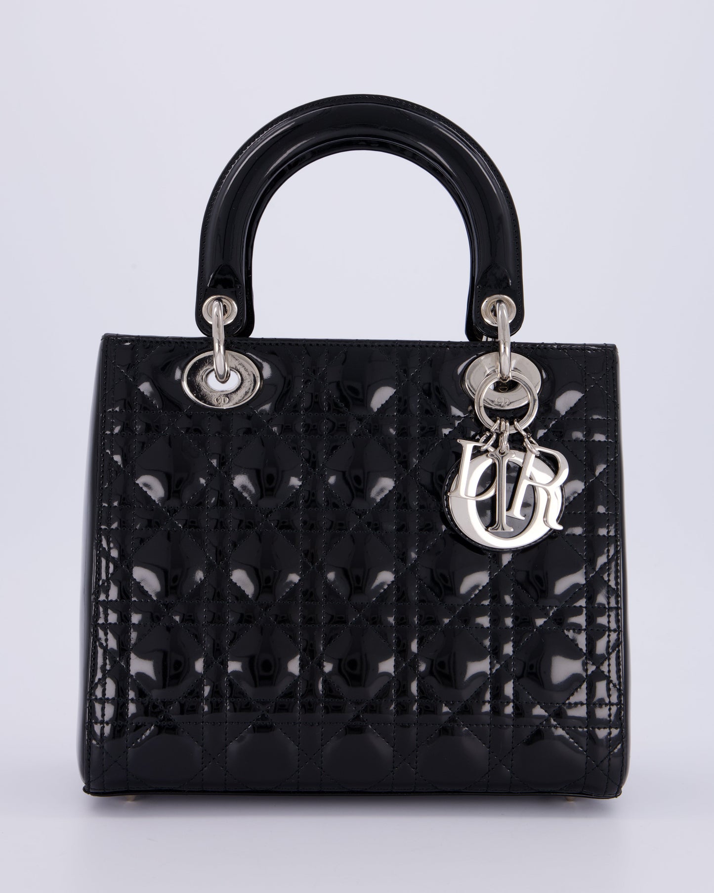 Christian Dior Black Patent Medium Lady Dior Bag with Silver Hardware
