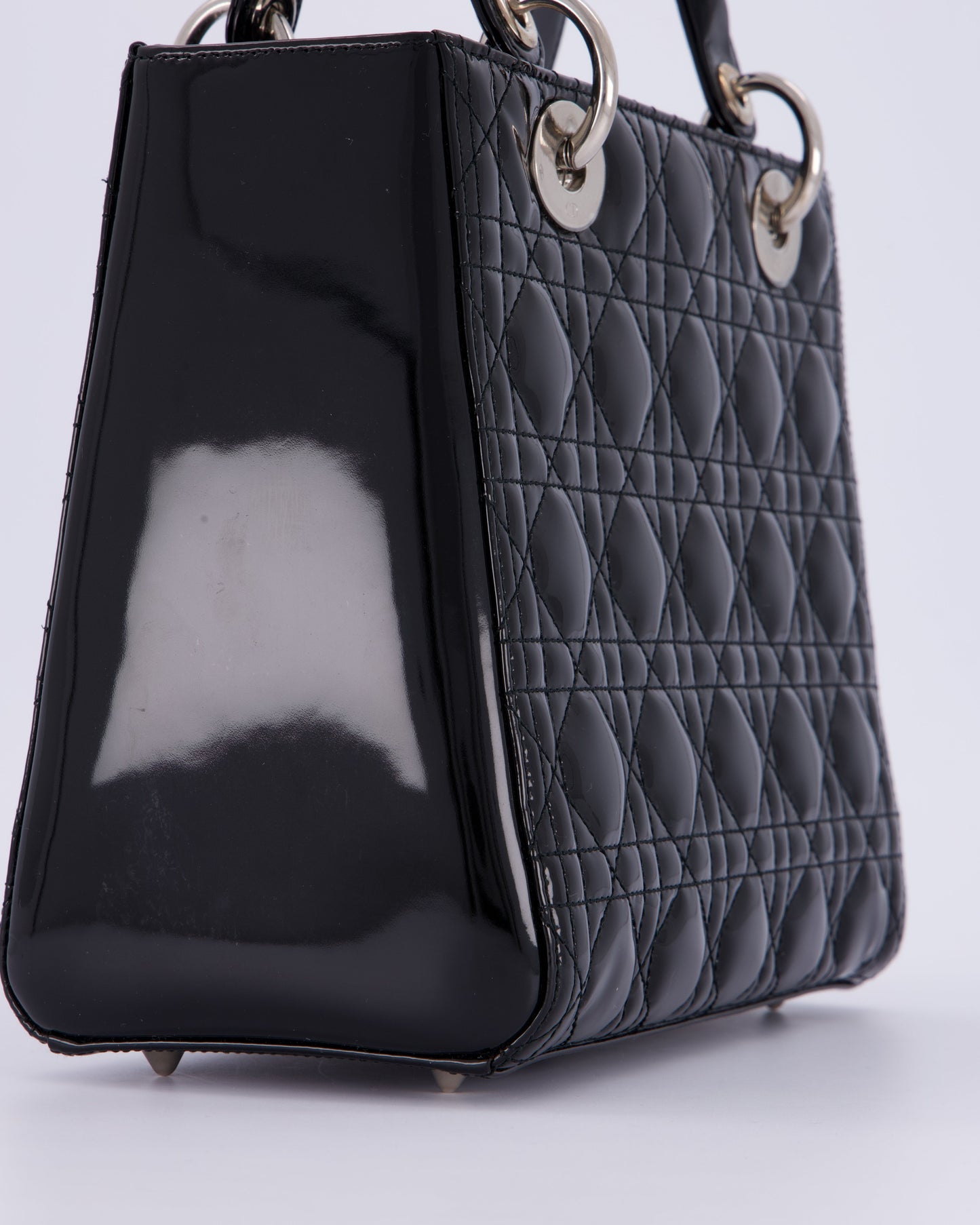 Christian Dior Black Patent Medium Lady Dior Bag with Silver Hardware