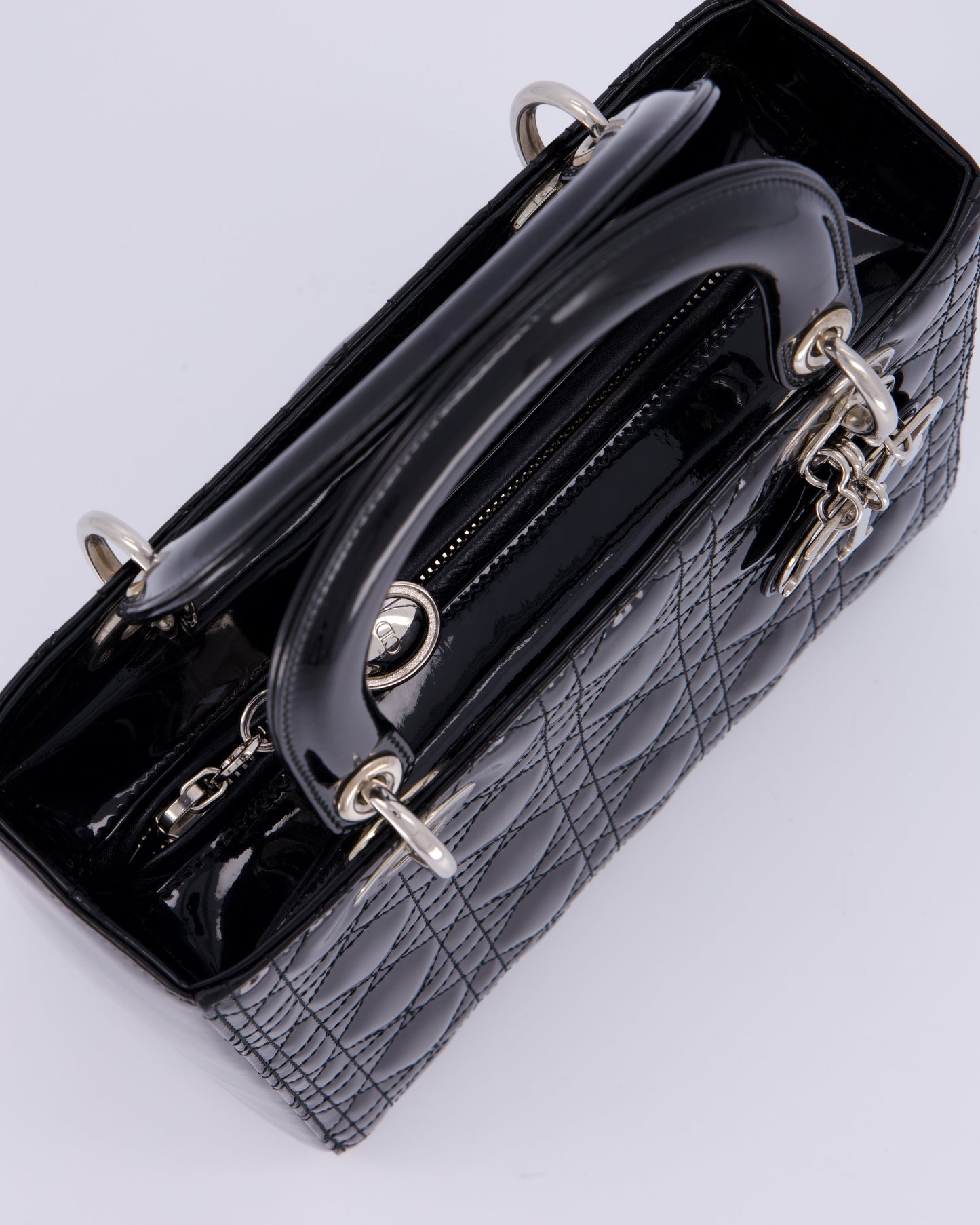 Christian Dior Black Patent Medium Lady Dior Bag with Silver Hardware