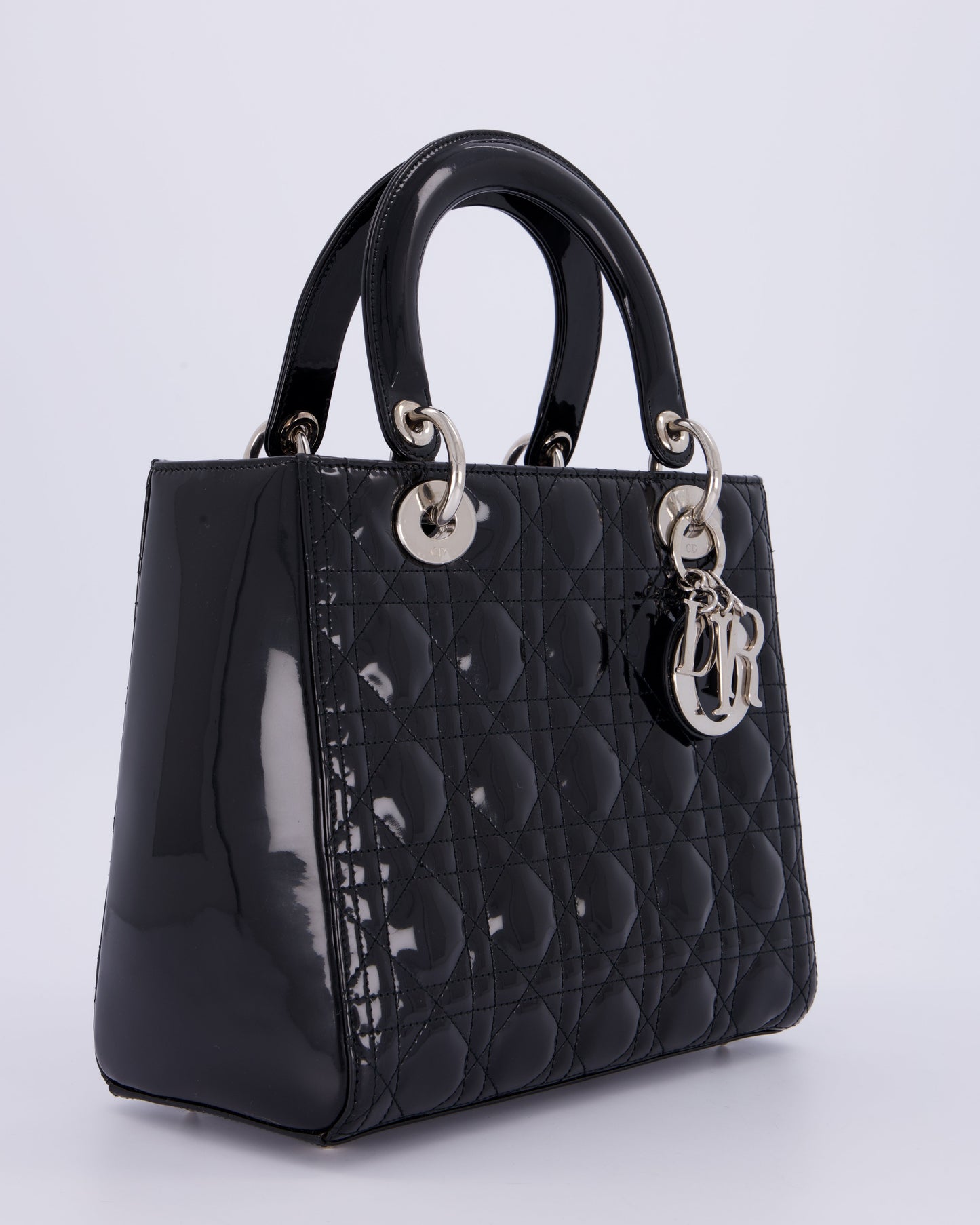 Christian Dior Black Patent Medium Lady Dior Bag with Silver Hardware