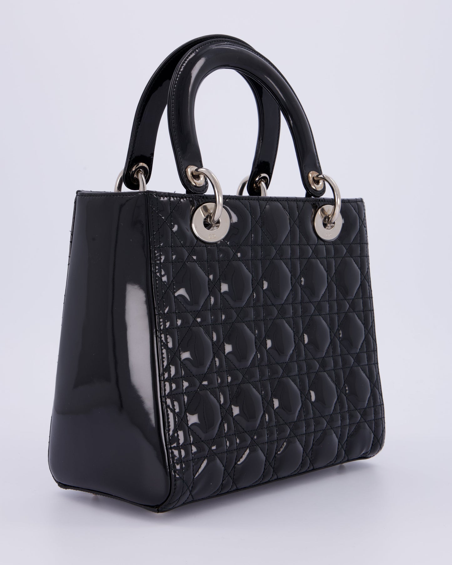 Christian Dior Black Patent Medium Lady Dior Bag with Silver Hardware